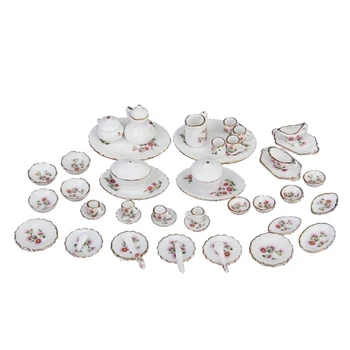 

50 pcs Miniature Dollhouse Dinnerware Porcelain Tea Set Tableware Mug Plate Pink Daisies