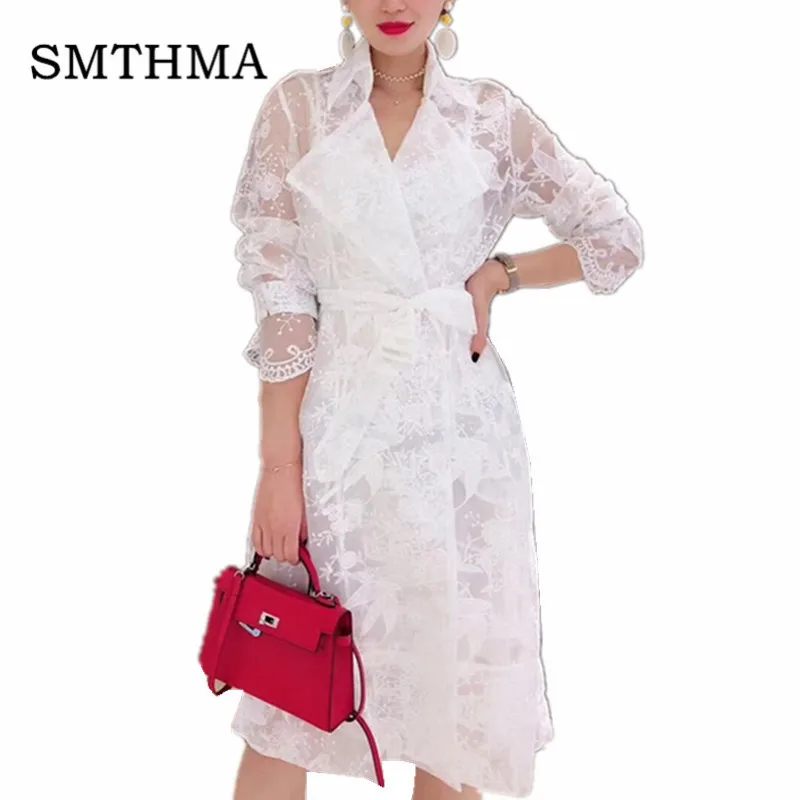 

Vintage Gauze Flower Embroidery Runway Trench Coat Women Double-Breasted Notched Long Sleeve Belt Mesh Long Coat Outerwear