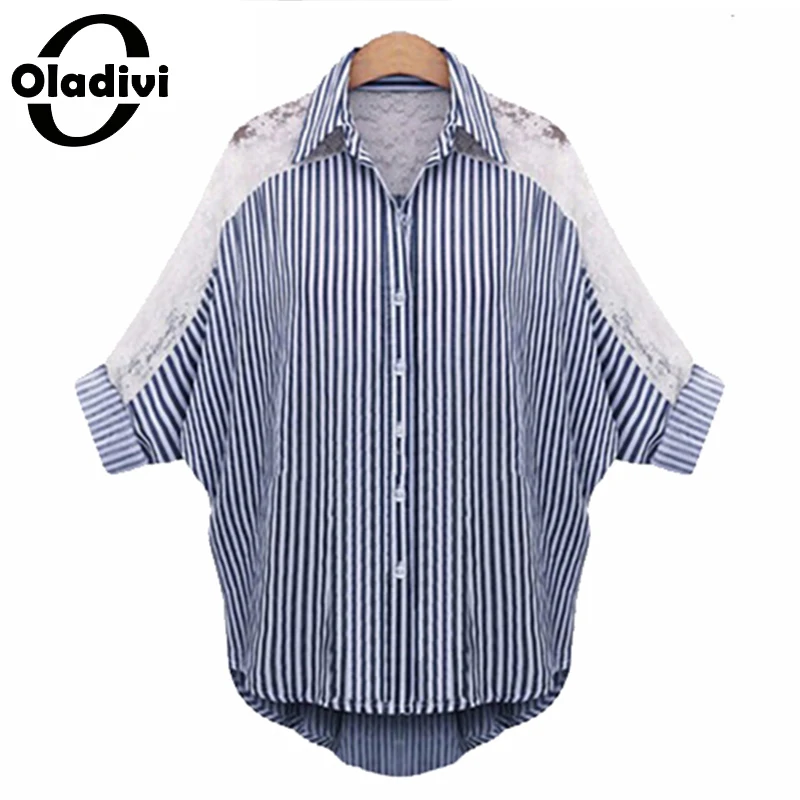 

5XL Plus Size Women Chiffon Blouse Lace Shirt Turn Down Collar Stripe Tops Female Batwing Sleeve Big Size Clothing XXXXXL XL XXL