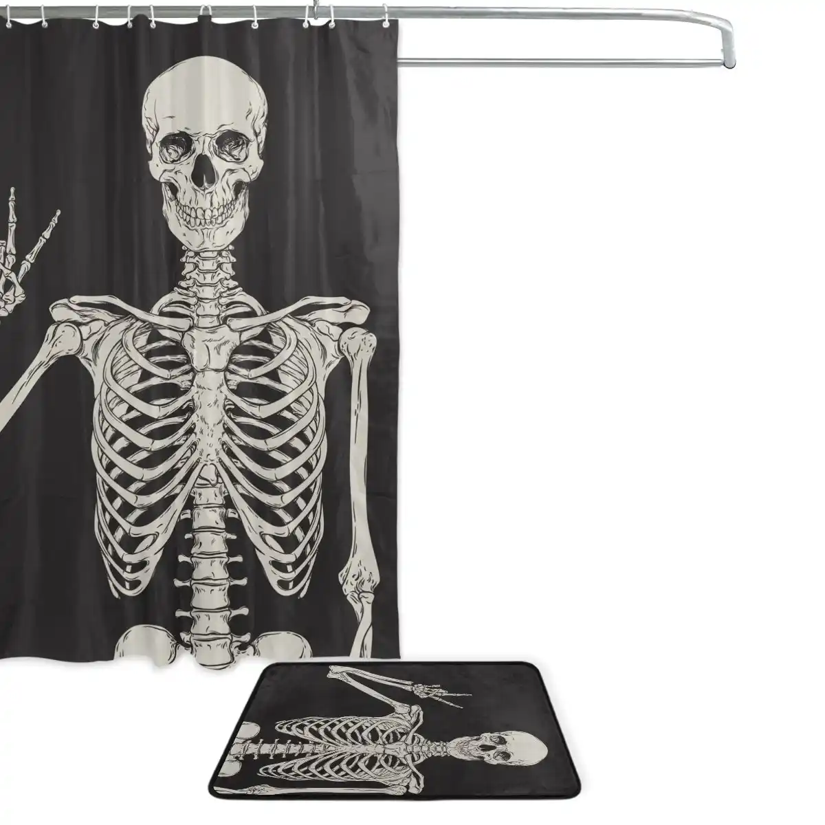 Human Skeleton Shower Curtain And Mat Set Black And White Skull