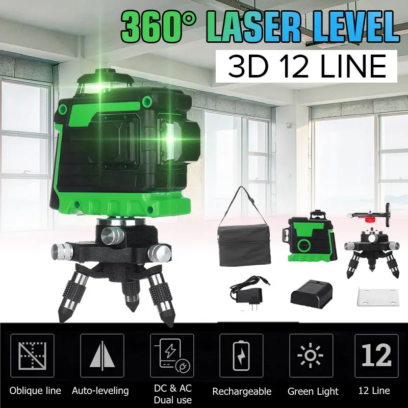 

12 Lines 3D Green Laser Level Self-Leveling 360 Degre Horizontal And Vertical Cross Lines Green Laser Line With Tripod Battery