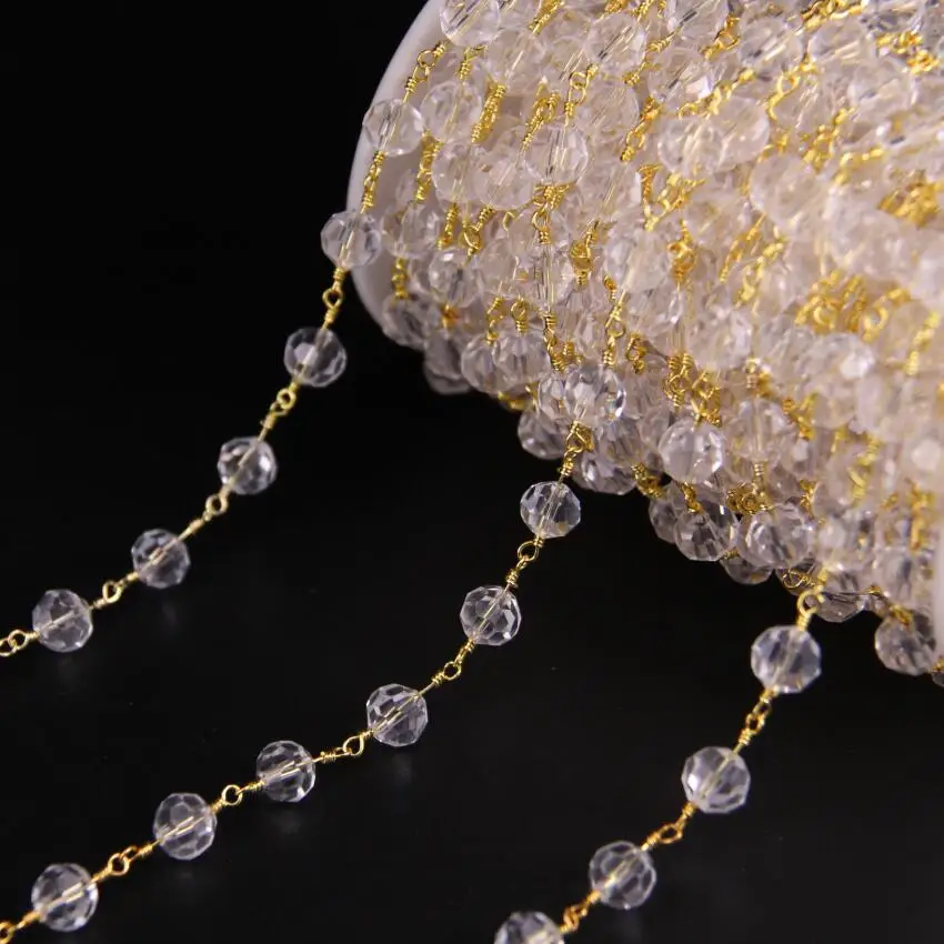 

5Meters,8mm Clear Crystal Glass Faceted Round beaded Chain,Golden Tone Wire Wrapped Rosary Chain Charms Bracelet Earrings