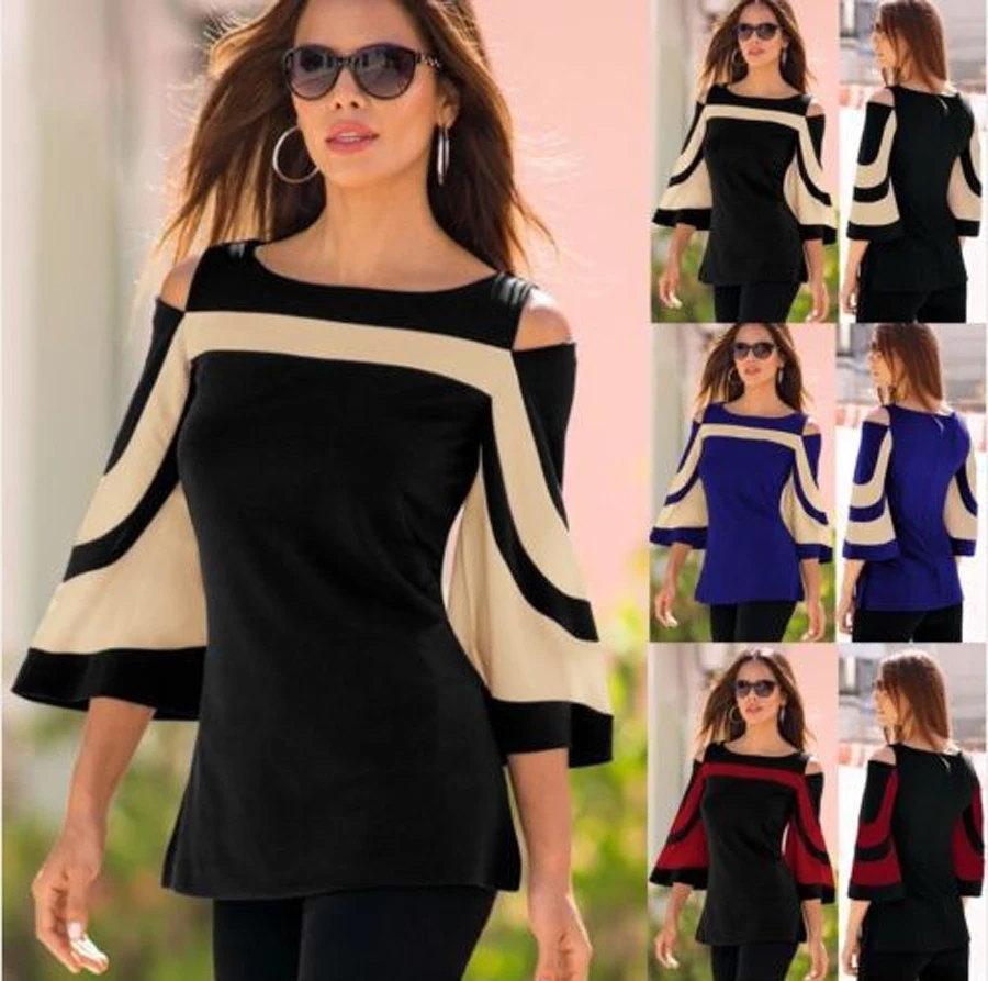 

Office Lady Spring Summer Women Ladies Casual Flare Sleeve O Neck Solid Sexy shirt Blouse Tops Brief Shirts Pullovers Wear