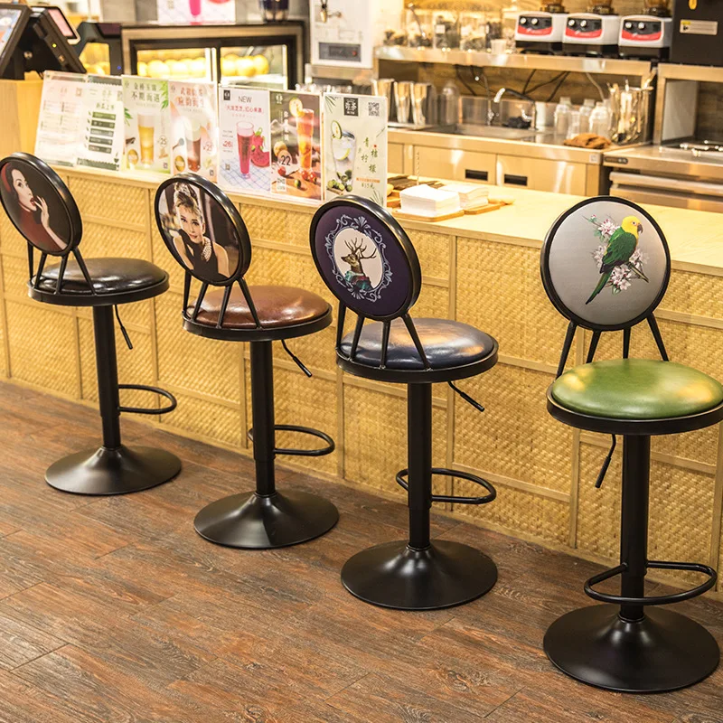 

Iron bar chair European bar chair Raised and lowered stool Domestic backrest barstool Vintage coffee front desk chair