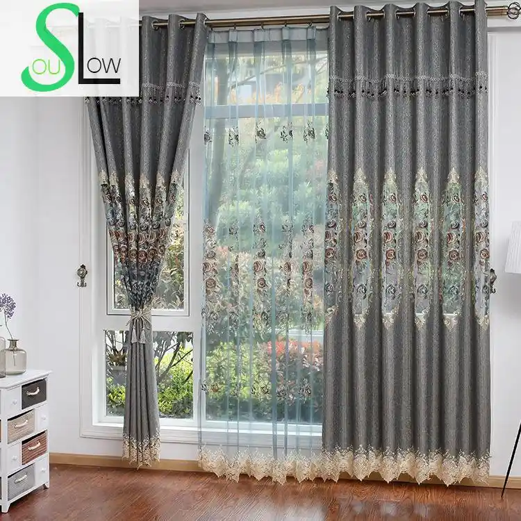 European Garden Water Embroidery Curtain Cloth Silver Gold Silk