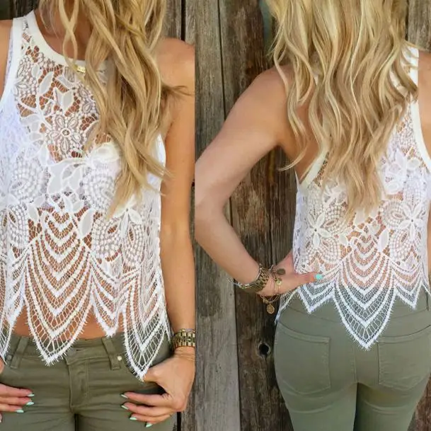 

Women summer sexy Lace Crochet Vest hollow out Tank Top white Casual mesh transparent top Sleeveless beach Blouse poleras mujer