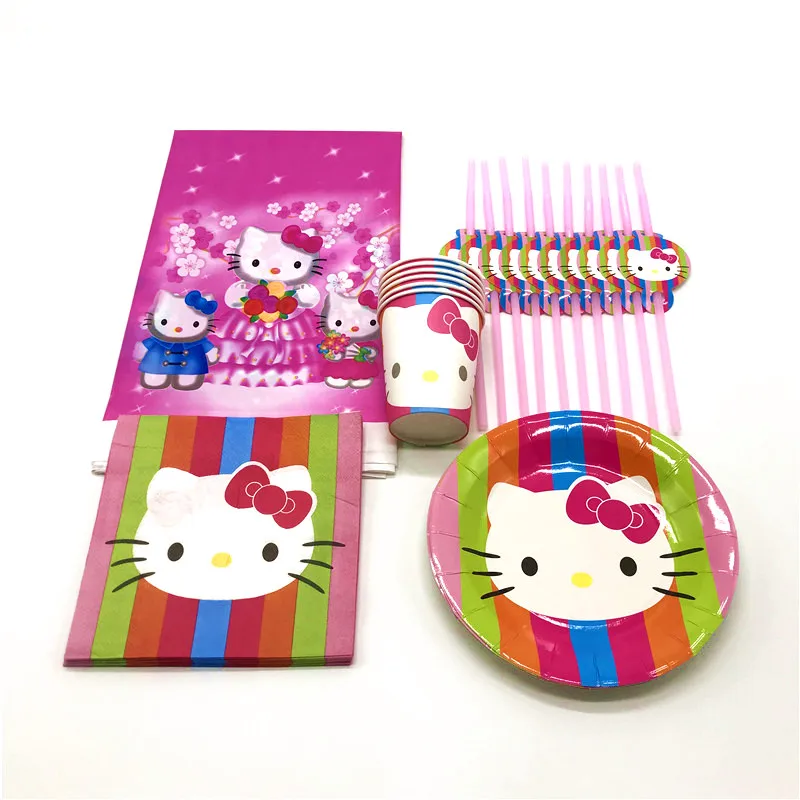 

Hello Kitty Cartoon Cup Plate Napkin Girl Wedding Birthday Party Festival Theme Party Plastic Straw Tablecover Supply 75Pcs/Lot