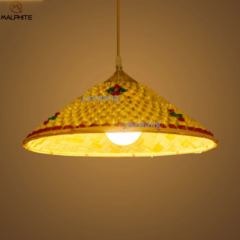 

Modern Led Bamboo Pendant Lights Living Room hanging Straw hat Pendant Lamp Pendelleuchten Rattan Kitchen Lamp Hanglamp fixtures