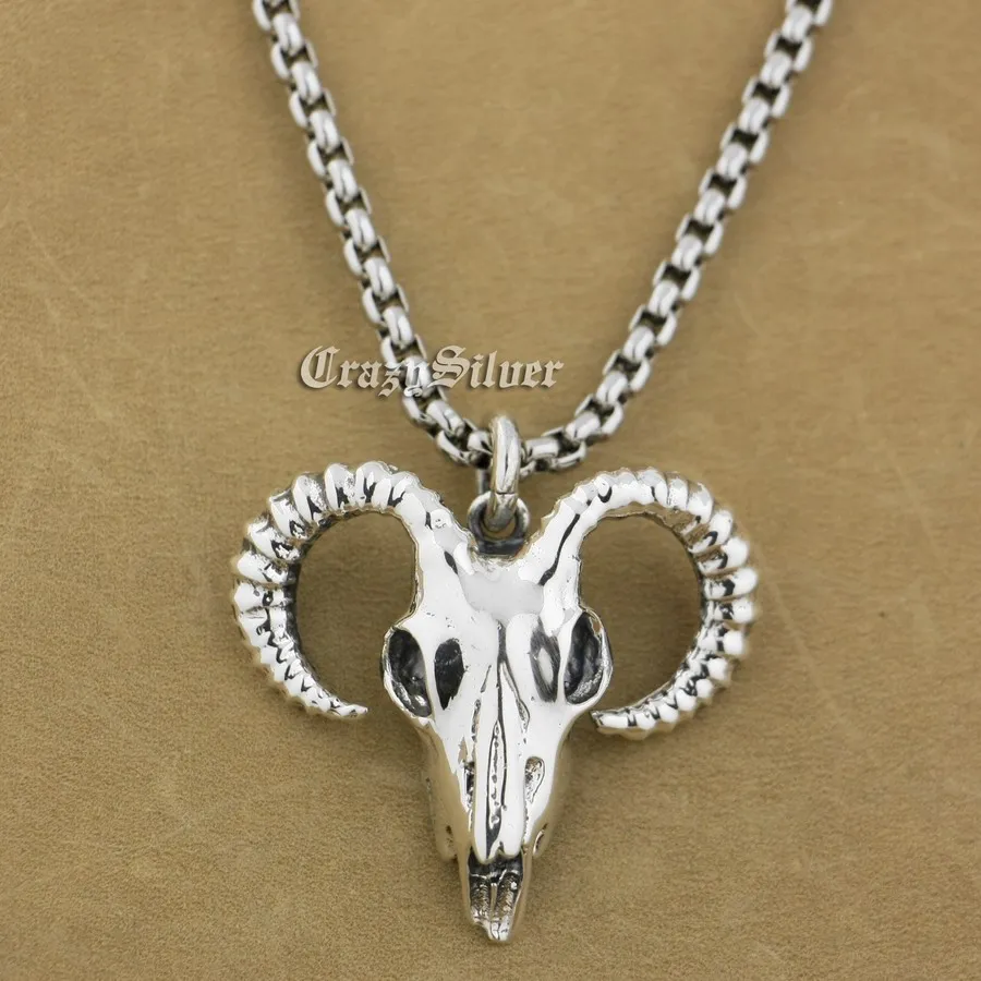 

925 Sterling Silver Argali Skull Mens Biker Pendant 9S008A Steel Necklace 24