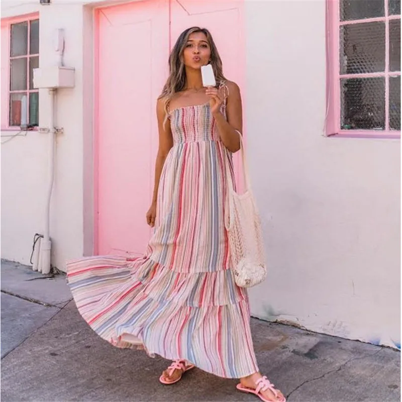 

Size S-XL Boho Women Halter Top Long Maxi Dress Beach Bohemia Strapless Dresses High Waist Sundress 11 Colors