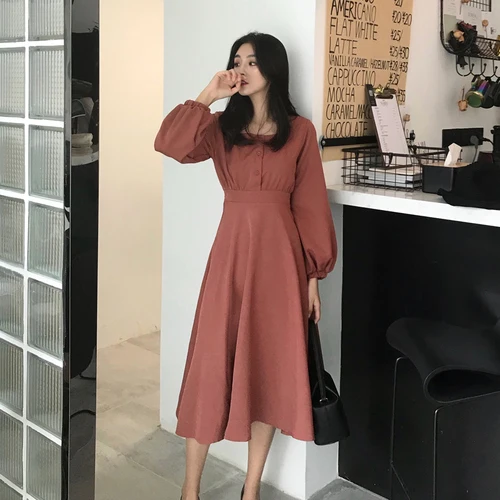 

Casual Women Dress Full Lantern Sleeve Square Collar Vestido Mid-calf A-line High Waist Vestidos Brief Womens Dresses