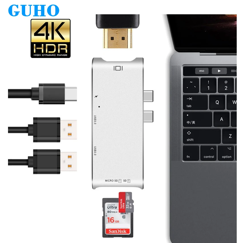 Тип C многофункциональный конвертер USB концентратора двойной разъем Алюминий