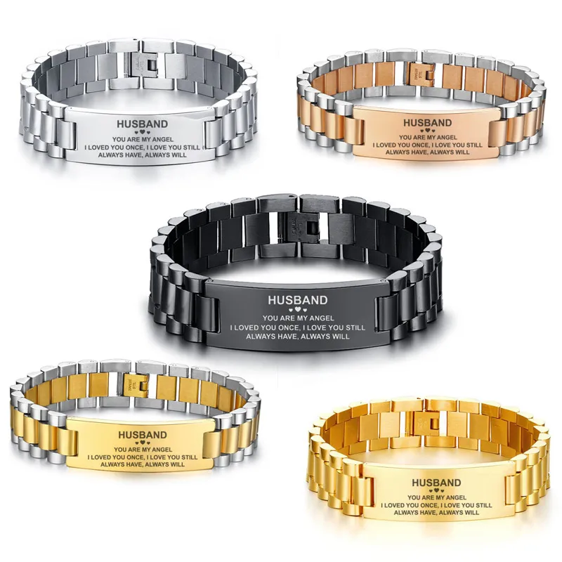 Vnox Black Men’s Stainless Steel Engrave ID Bracelet Watch Link Design 20cm Length Multicolor Unique Meaningful Husband Gift