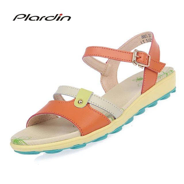 plardin 2018 women shoes summer Narrow Band Buckle Strap style flat heel soft genuine leather casual woman beach sandals shoes
