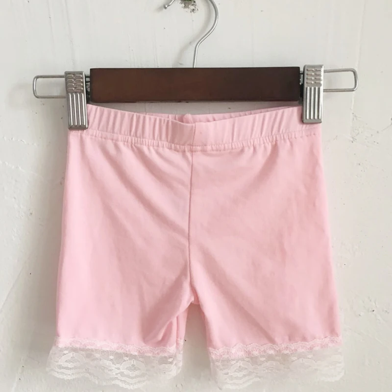 Pink girls legging shorts with white lace,cotton and spandex leggings