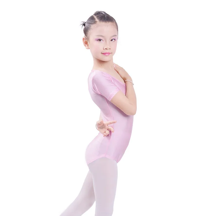 Детский балетный костюм, черный эластичный купальник с короткими рукавами для девочек, гимнастический боди, детский балетный комбинезон для танцев - Цвет: pink