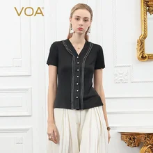 Voa шёлковый вязаный черный Женская футболка летние женские топы с короткими рукавами жемчужные пуговицы тонкая эластичность v-образный вырез Базовая футболка большого размера B739