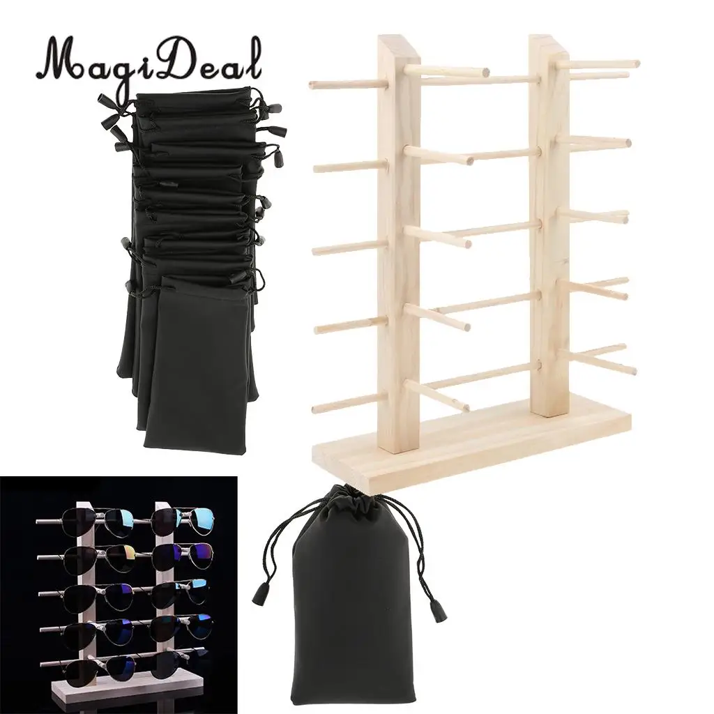 

Natural Wood Sunglasses Eyeglass Storage Display Stand Holder Organizer with 10 Pieces Drawstring Pouches Black Bags