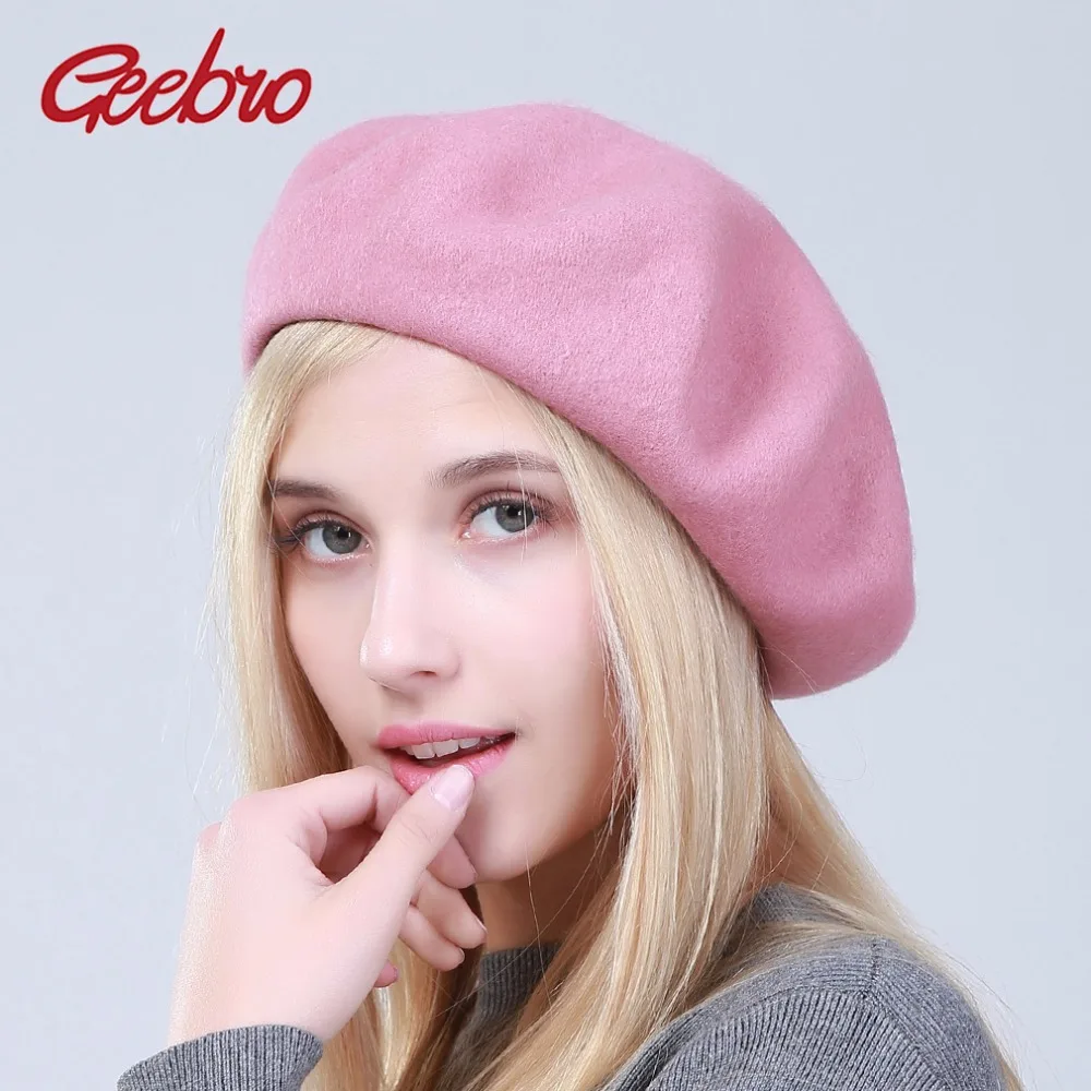 Geebro Women's Beret Hat Fashion Solid Color Warm Wool Spring Berets