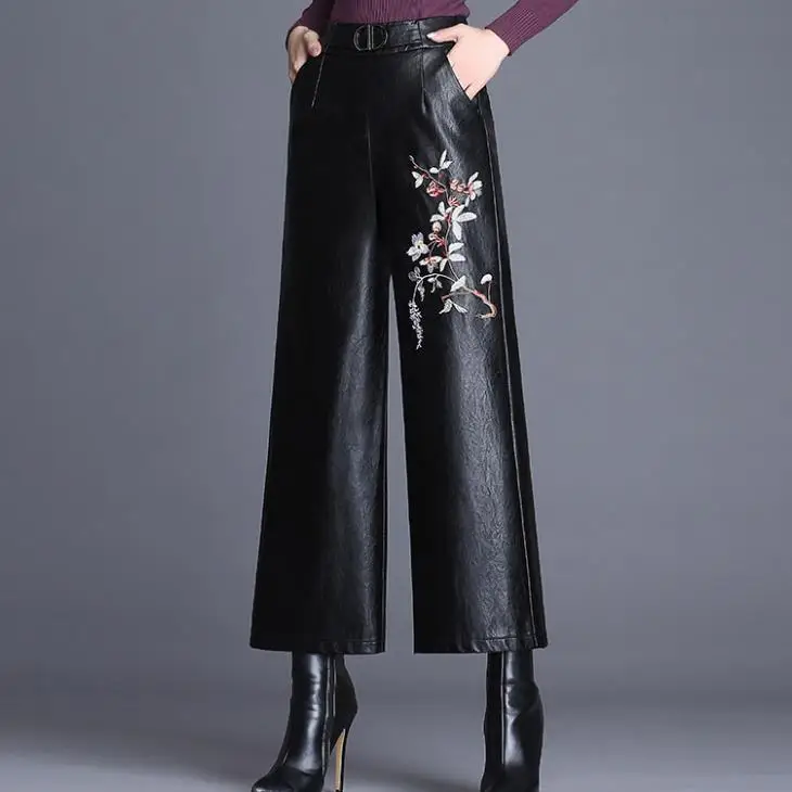 Плюс размер 4XL! Осенне-зимние вышитые брюки из искусственной кожи женские широкие брюки с высокой талией модные прямые женские брюки из искусственной кожи