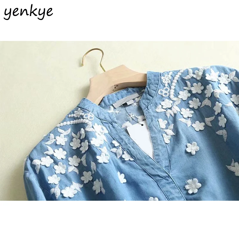 Лето 2019 г. цветочной вышивкой джинсовая ткань Tencel женская рубашка блузка с