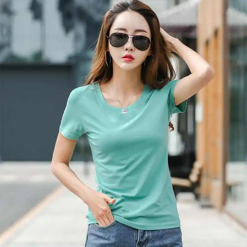 GIGOGOU, одноцветная Женская футболка из 98% хлопка, S-3XL размера плюс, женская футболка, облегающая, летняя, короткая, женская футболка - Цвет: Green YSK -227O