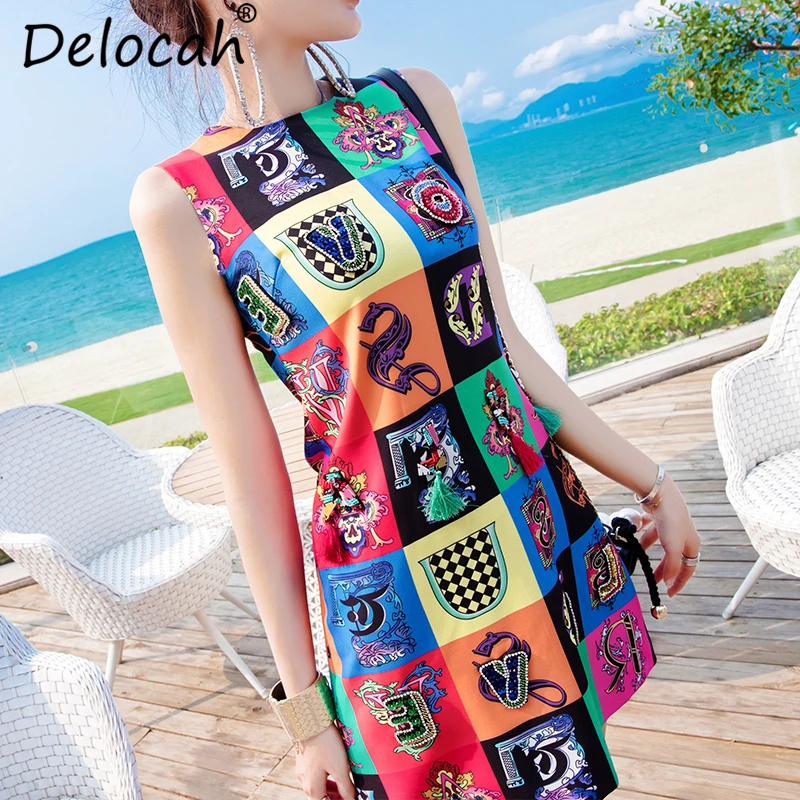 Delocah 2019 Women Spring Summer Vintage Dress Runway Fashion Designer Gorgeous Beading Appliques Elegant Vacation Mini Dresses