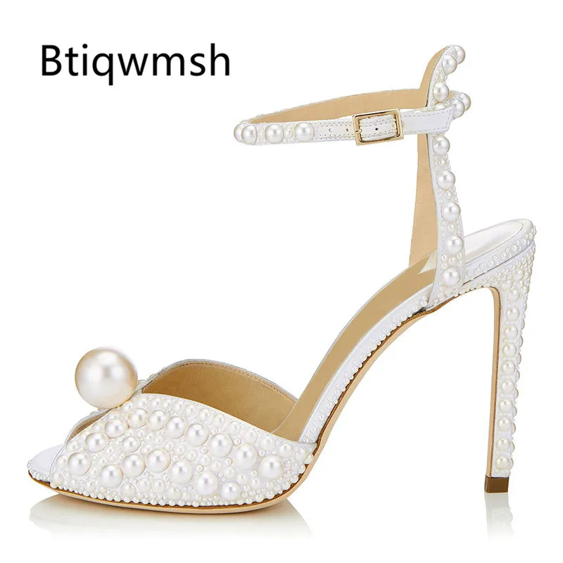 

2019 Newest Design Sandals Women Open Toe Pearl Rhinestone Ankle Strap Thin High Heel Shoes Woman White Wedding Shoes