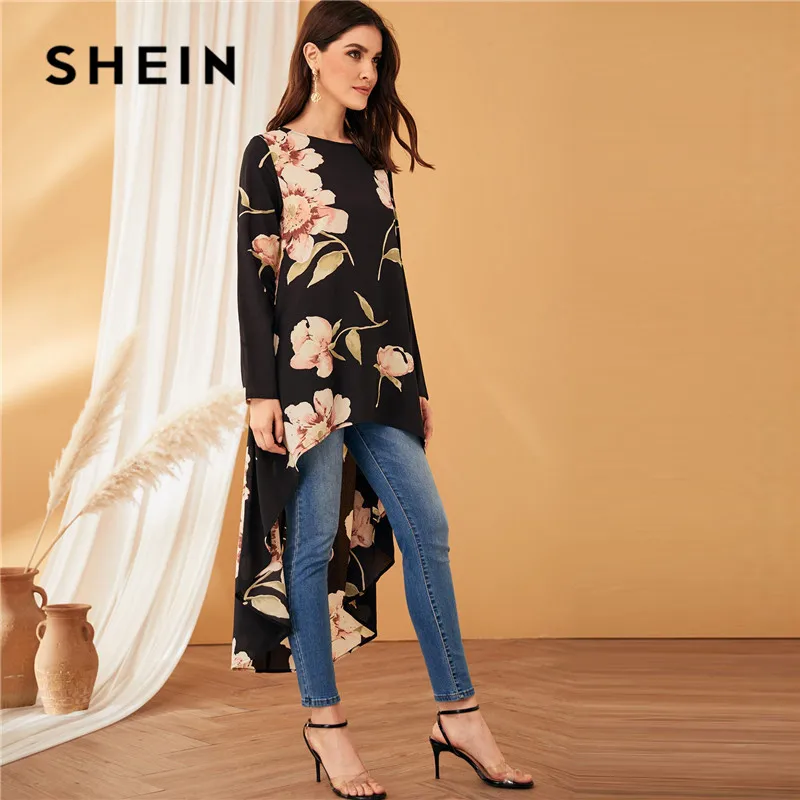 Женская асимметричная блузка SHEIN черная с круглым вырезом и длинным рукавом