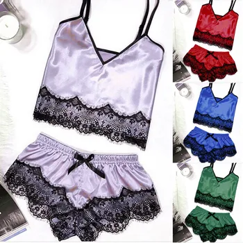

Womens Sexy Satin Sling Sleepwear Lingerie Lace Bowknot Nightdress Underwear Sexy Leopard Lingerie Babydoll Lace