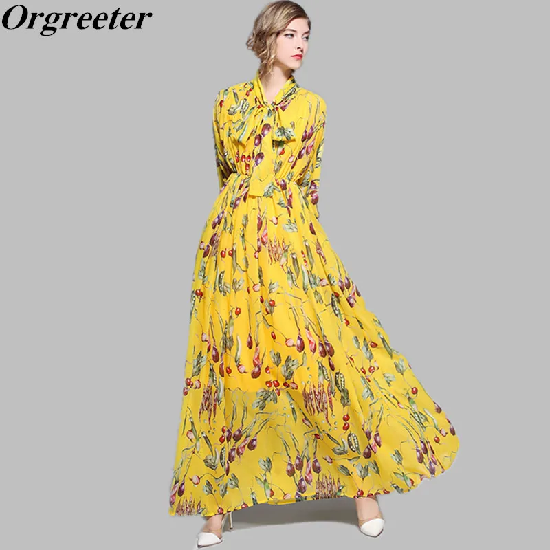 

Yellow Floral Print Maxi Dress 2018 Autumn Women' Lantern Sleeve Elastic Waist Pea pod plant Printing Chiffon Party Dress