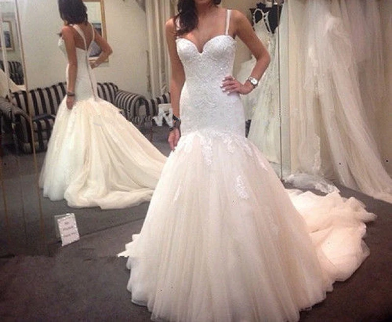 Sweetheart-Heup gewikkeld rok Tulle Organza Applique Alencon kant Spaghetti band Mermaid Open terug Kralen Sweetheart-Heup gewikkeld rok Tulle Organza Applique Alencon kant Spaghetti band Mermaid Open terug Kralen