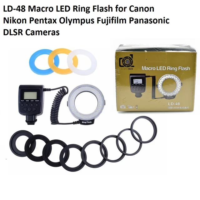 Camera Lights For Photography 48 LED Macro Flash Light With LCD Display - 9 Adapter Rings & Diffusers For DSLR Macro Photography Close-up Photography Flash