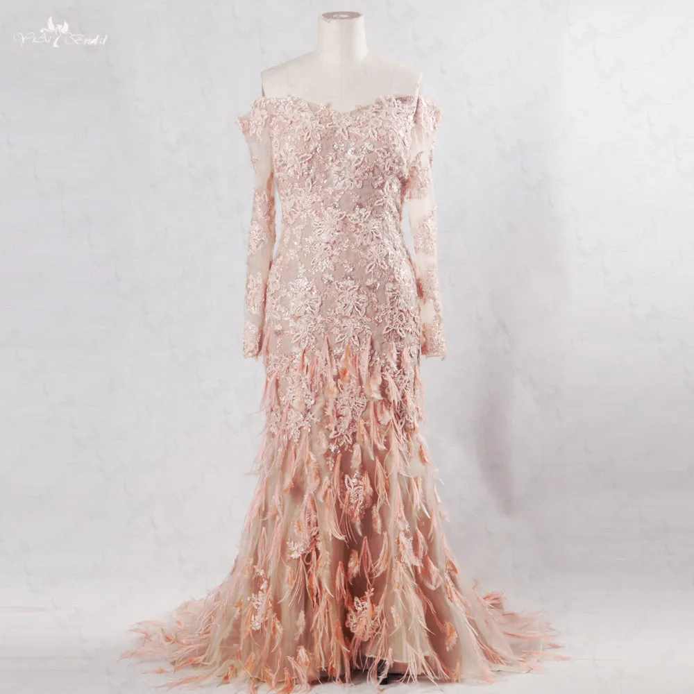

RSE198 Yiaibridal Salmon Off The Shoulder Mermaid Pearls Lace Long Sleeve Evening Dress 2016 Ostrich Feather Dress