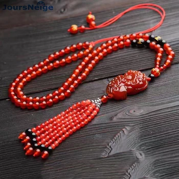 

JoursNeige Red Natural Crystal Necklace 6mm Beads with Pi Xiu Tassel Pendant Necklace for Women Sweater Chain Popular Jewelry