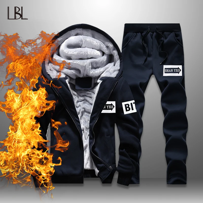 

LBL Winter Fleece Hoodies Men Streetwear Hooded Sweatshirts Male Thicken Tracksuit 2PC Jacket+Pant Sweatshirt Moletom Masculino