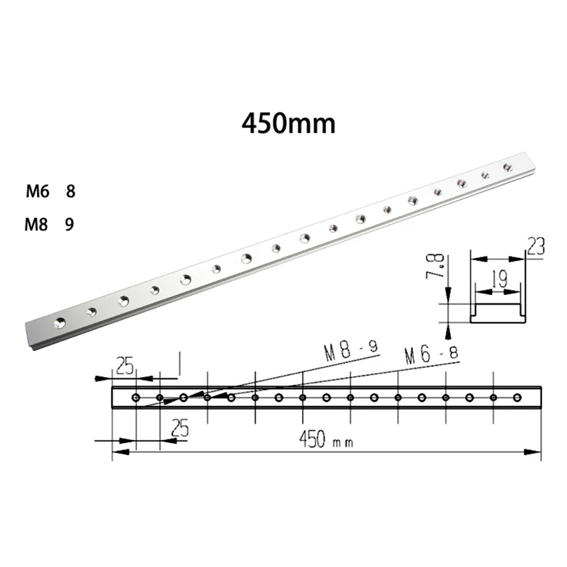 100 мм, 200 мм, 300 мм, 450 мм, алюминий, M6, M8, скользящая плита, Т-образная дорожка, слот для торцовой дорожки, приспособление, фрезерный станок, настольные инструменты, деревообрабатывающий инструмент - Цвет: 450mm with Hole
