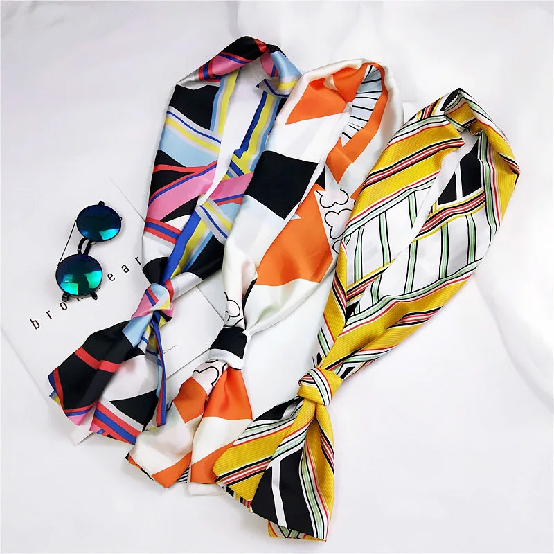 

Cartoon Cat Print Hair Tie Scarf Skinny Silk Satin Scarf For Women Head Neckerchief Long Handle Bag Scarves Wraps Accessories