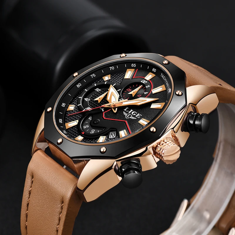 LIGE Mens Watches Top Brand Luxury Men's Military Sports Quartz Watch Men Casual Leather Waterproof Wristwatch Relogio Masculino