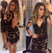 2016 neue schwarze V- hals cocktailkleider langarm tüll mit spitzen perlen cocktailkleid gerade kurz kleid für hochzeit
