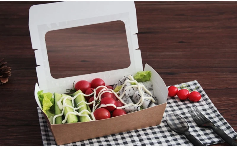 Пищевой контейнер для салата одноразовая коробка для фруктов водонепроницаемый и анти-масло крафт упаковочная бумажная коробка инструменты картофель фри жареные пищевые лотки