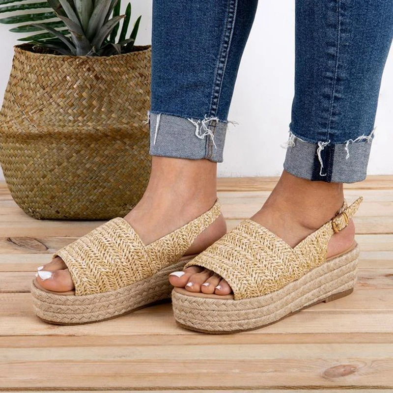 

Puimentiua Women Sandals Retro Platform Sandals High Heels Wedges Summer Buckle Shoes For Women Plus Size 43 Hemp Zapatos Mujer