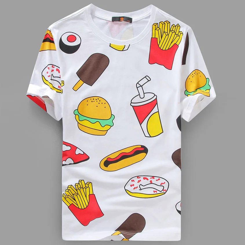 майки с принтом еды. футболка папайя. футболки с охотничьей собакой. принт на футболке два человека сидят спина к спине. лапша красная футболка парень ест.