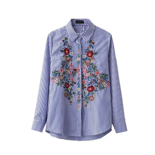 

European Style New Flower Embroidered Cotton Blouse Casual Floral Turn-down Collar Long Sleeve Blouse XHSD-7002
