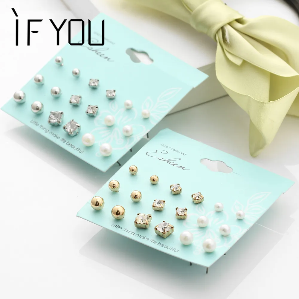 

IF YOU Fashion Classic Crystal Stud Earrings Set for Women Simulated Pearl Ball Earrings Round Square Brincos Lady Girl Jewelry