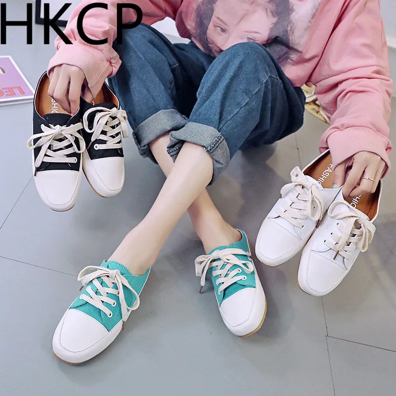 

HKCP Canvas slippers women wear 2019 summer new style all-in-one Korean version heelless loafers bowler bowler slippers C317