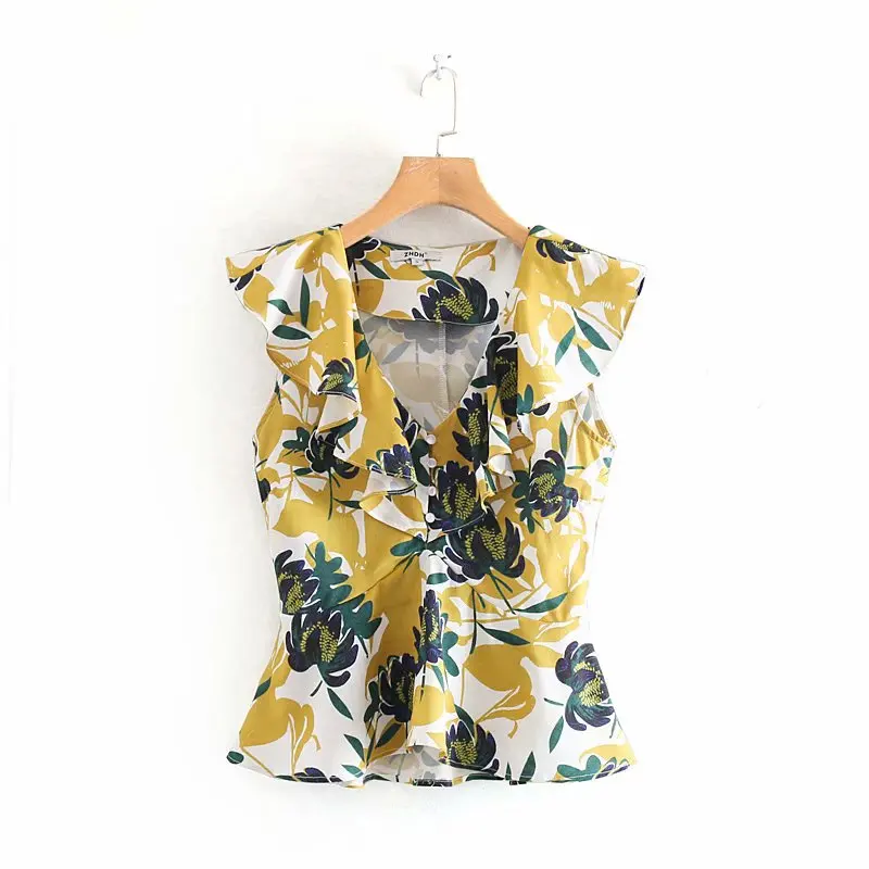 

women prairie style leaves floral print ruffles blouse shirt women v neck sleeveless buttons casual slim femininas blusas LS3592