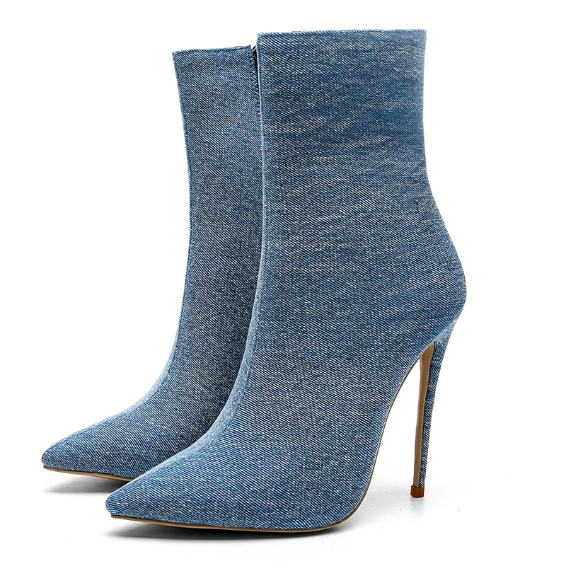 Altos Botas Blue Invierno Blue 2018 Mujeres Finos Calzado Femeninos Nuevos Felpa Tobillo Caliente Denim Talones Zapatos Isnom light Moda Corta Botines Dark 1tOWqqp