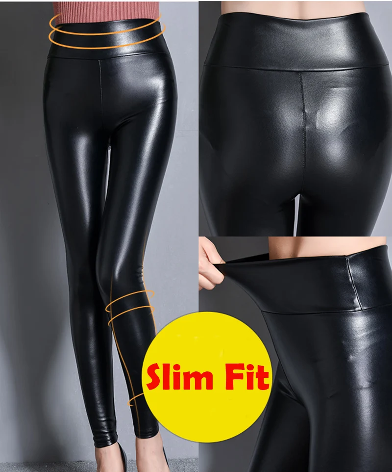 NORMOV Women Thick Leather Leggings Winter Black High Waist Warm Legging Women Plus Velvet Fashion Pu Leather Legging Femme yoga leggings