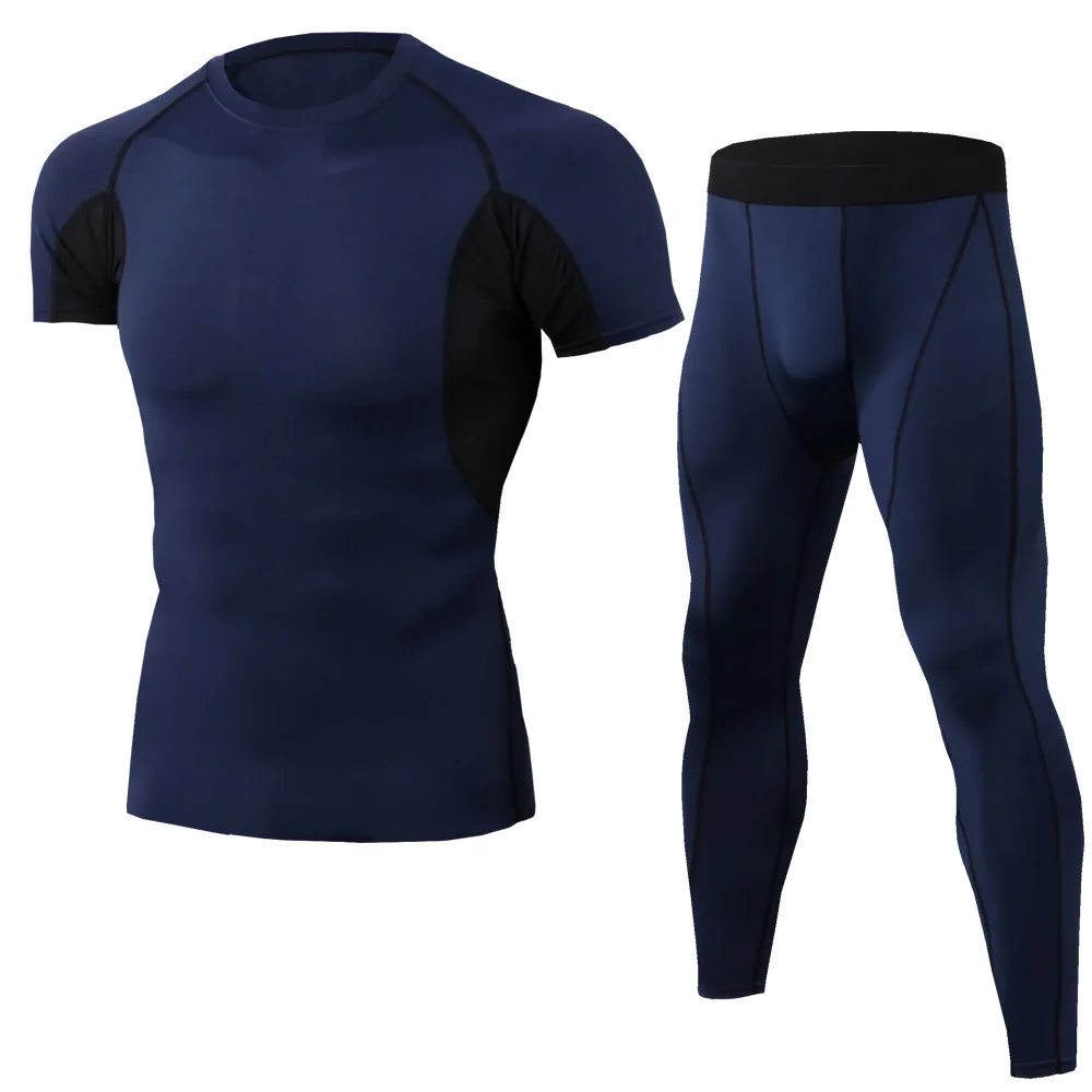 Мужчины Рашгард ММА шорты для тайского бокса рубашки+ брюки костюм компрессионный ММА удар одежда тренировочный бокс для бега для фитнеса для спорта набор - Цвет: Dark blue black